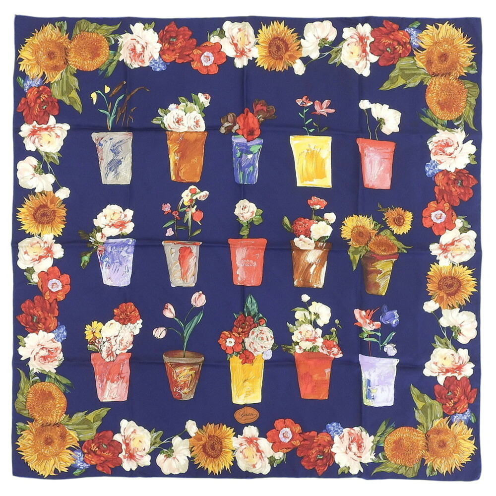 Gucci silk scarf/muffler in navy with multicolor floral motifs of roses and s...